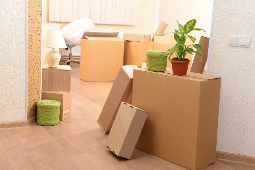 Packed boxes and household items prepared for transport in Edgware