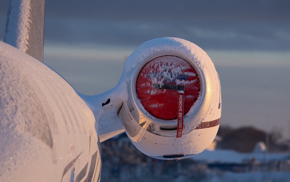 A close-up image of a white and red disposable fuel canister covered in snow, with the fuel cap and a red safety label that reads 'REMOVE BEFORE FUEL.' The canister is positioned outdoors, likely on a pavement or driveway, with a background showing a cloudy sky and blurred landscape. The snow accumulation suggests cold weather conditions typical for winter months. The image captures the details of the snow clinging to the canister's surface and the safety features related to fuel storage, which are relevant for those involved in house removals or home relocation services such as Edgware Man and Van, especially when handling portable fuel containers used in moving equipment or appliances.